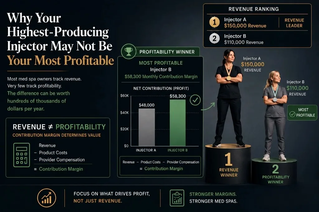 Infographic comparing med spa injectors by revenue ranking versus contribution margin profit, showing Injector B as the profitability winner at $58,300 monthly margin