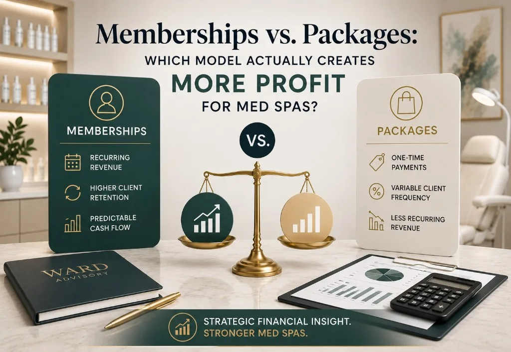 Gold balance scale comparing med spa membership and package pricing models on a marble desk with Ward Advisory branding