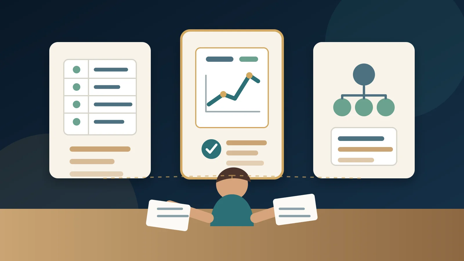 Med spa owner comparing bookkeeping records, a fractional CFO dashboard, and a full-time finance team structure