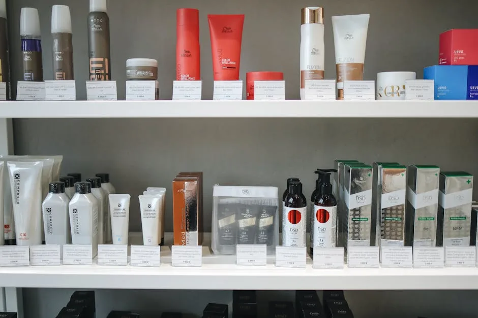Neatly organized skincare and hair care products on white retail shelves in a professional med spa setting